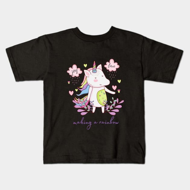 Cute Little Unicorn Making a Rainbow Kids T-Shirt by Vegan Squad